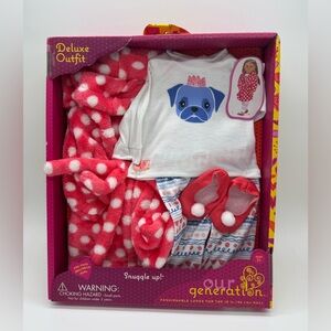 Our Generation Doll Deluxe Outfit - Pink Polka Dot Pajamas Set Slippers NEW
